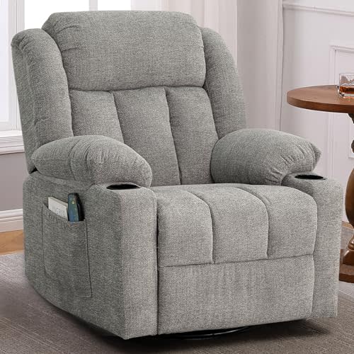 Ketaiyou Rocker Swivel Recliner Chair for Adults, Overstuffed Large Manual Recliner Glider with Massage and Heat, Comfy Soft Fabric Living Room Reclining Sofa Chair (Lime Gray1)