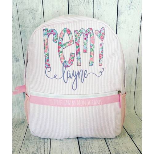 Pink Seersucker Floral Fabric Appliqué Name Backpack