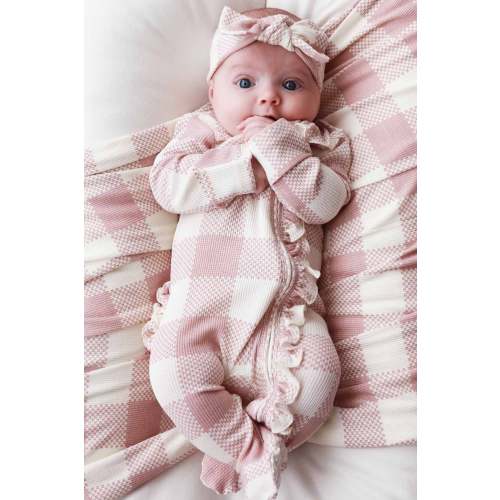 Big Check Bamboo Waffle Zipper Ruffle Footie | Rosy