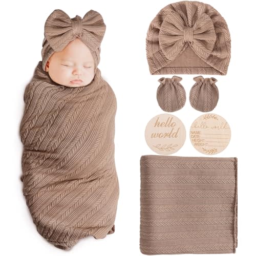 AQOKKA Newborn Receiving Blanket with Bow Hat Mittens Wooden Card Set Wheat-Pattern Newborns Toddler Baby Boy Girl Nursery Swaddle Wrap