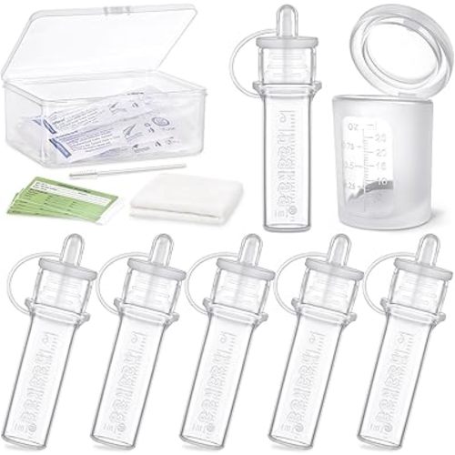 haakaa Colostrum Collectors 6ml/6pcs & Lidded Feeding Cup 25ml/1pc Set- Collect, Store & Feed Colostrum in One, Ready-to-Use Individually Wrapped, Reusable & Leakproof Colostrum Syringes