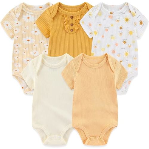 MAMIMAKA Newborn Baby Short Sleeve Bodysuit Cotton One-Piece Baby Clothes 5-Pack, 0-12 Months