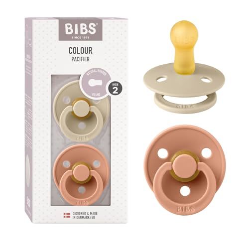BIBS Pacifiers Colour Collection | Natural Rubber Baby Pacifier | Set of 2 BPA-Free Soothers | Made in Denmark | 6+ Months (Pack of 2) | Vanilla/Peach