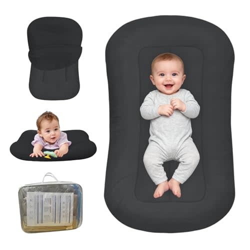 Baby Lounger for Newborn, Bionic Design Baby Lounger, Soft Organic Cotton Breathable Lounger for Infants 0-24 Months (Dark Grey)