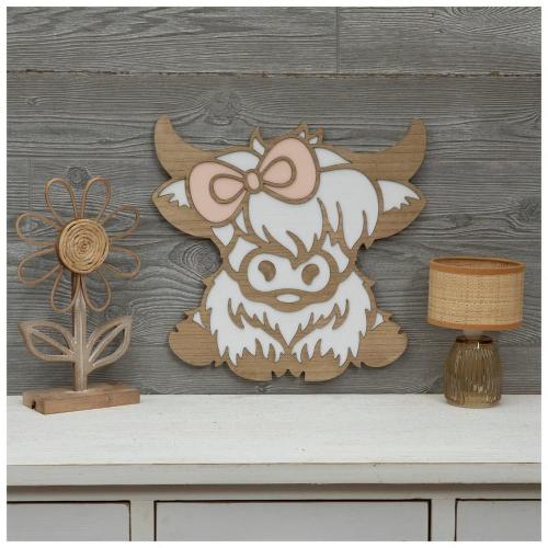 Highland Cow With Bow Wood Wall Decor