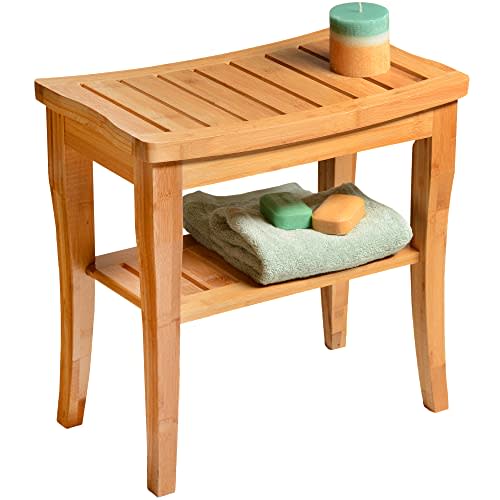 Bamboo Shower Bench - Small Wooden Shower Stool with Storage Shelf, Non-Slip Bathroom Seat, Spa Decor Bath Bench, Foot Rest Shaving Stool for Shower, Indoor Outdoor Use, Great Gift Idea (17" x 9 x 17)