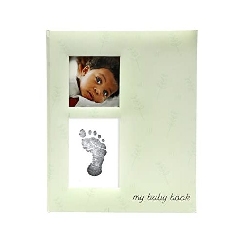 Pearhead Baby Memory Book and Clean-Touch Ink Pad, Baby Girl or Baby Boy Journal, Baby Milestone Photo Album, Sage Green Leaves