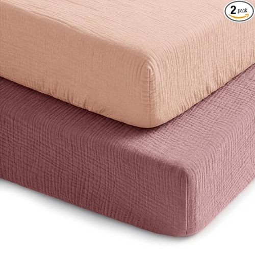 Comfy Cubs 100% Muslin Crib Fitted Sheet 2 Pack, Mauve and Blush - 100% Cotton, Soft & Breathable Crib Sheets for Toddler Mattress - Snug Fit, Secure Elastic with Beautiful Packaging