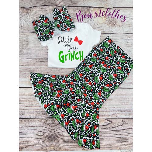 Little Miss Grinch Outfit: Baby Bell Bottoms, Bodysuit & Headwrap Set