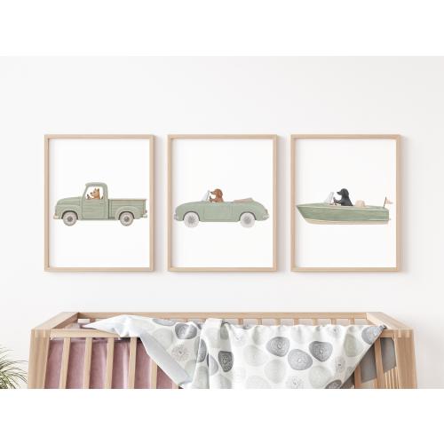 Dog Vehicle Nursery Art Set, Sage Vintage Vehicle Art set of 3, Car Truck Van Boat, Sage Kids room Decor, Baby shower or birthday gift