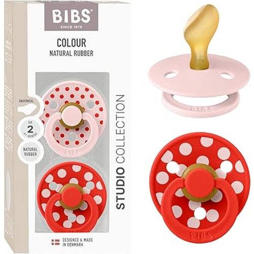 BIBS Polka Dots Pacifier 2-Pack, BPA Free Pacifiers with a Anatomical Latex Nipple, Made in Scandinavia, Size 2 (6-18 Months), Blossom/Candy Apple
