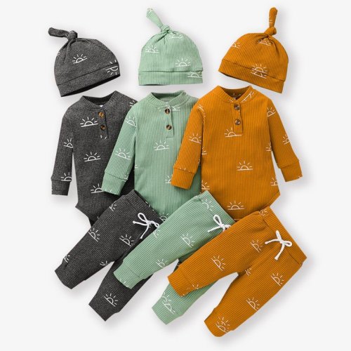 PatPat 3-piece Baby Boy 95% Cotton Ribbed Long-sleeve Sun Print Button Design Romper and Elasticized Pants with Cap Set