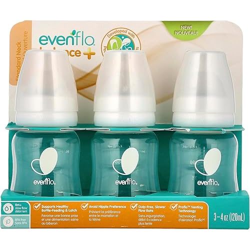 Evenflo Feeding Balance+ Bottles, Standard, 0+ Months, Slow Flow, 3 Bottles, 4 oz (120 ml)