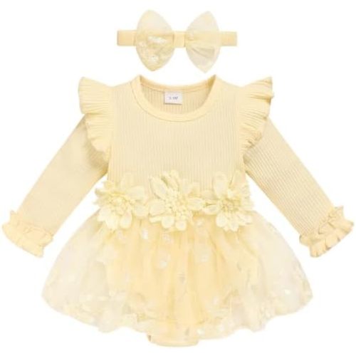Mameluco para bebé niña con falda de tul con diadema para bebés de 0 a 12
