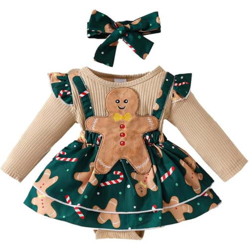 stylesilove Infant Baby Girls Christmas Gingerbread Long Sleeve Romper Dress and Headband 2-Piece Green Holiday Outfit (3 Months, Green)