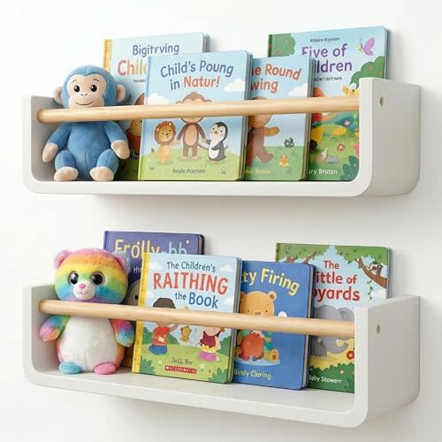 Ovalo Nursery Book Shelves Set of 2 - Solid Pine Wood Nursery Bookshelf, Floating Nursery Shelves for Wall, Wall Bookshelf for Kids Room, No-Assembly Wall Mounted Baby Book Shelf. (White)