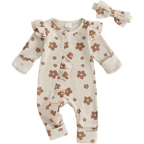 allshope Infant Baby Girl Fall Outfit Sweatshirt Romper Floral Print Long Sleeve Jumpsuit Newborn Waffle Clothes