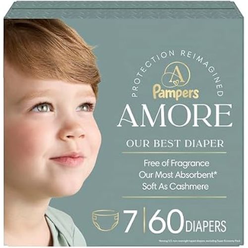 Pampers Amore, Size 7 (26-50 lbs), 60 Count, Our Best Diaper – Hypoallergenic & Fragrance Free, Up to 100% Leakproof, Soft as Cashmere