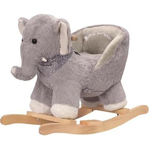 Rocking Elephant with Seat, Plush Stuffed Pony Rocker for Toddlers 1-3, Baby Rocker with Sweet Music, Wooden Ride-On Toy, (Gray Elephant) CPC Certified