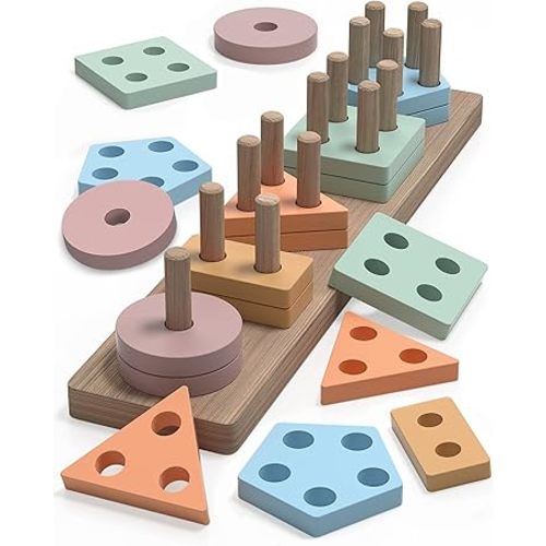 Montessori Toys for 1 2 Year Old Girl and Boy Birthday Gifts, Shape Sorter Wooden Toys for Toddlers Age 1-3 2-4, Learning Educational Sensory Stacking Easter Basket Stuffers Toy Toddler Puzzles