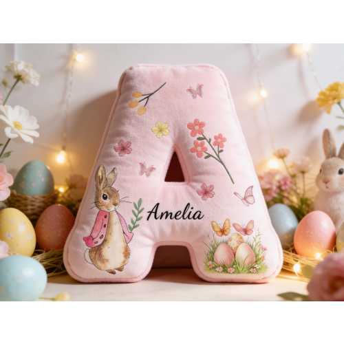 Custom Easter Letter Pillow,Personalized Bunny Floral Initial Cushion,Birthday Gifts,Kids Easter Gift