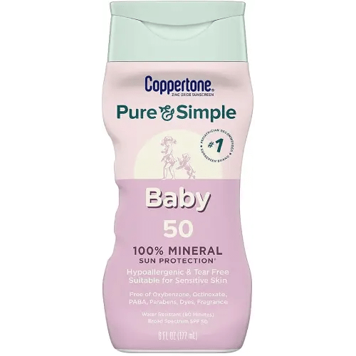 Coppertone Pure and Simple Baby Sunscreen Lotion SPF 50, Zinc Oxide Mineral Sunscreen for Babies, Hypoallergenic and Tear Free, 6 Fl Oz Bottle