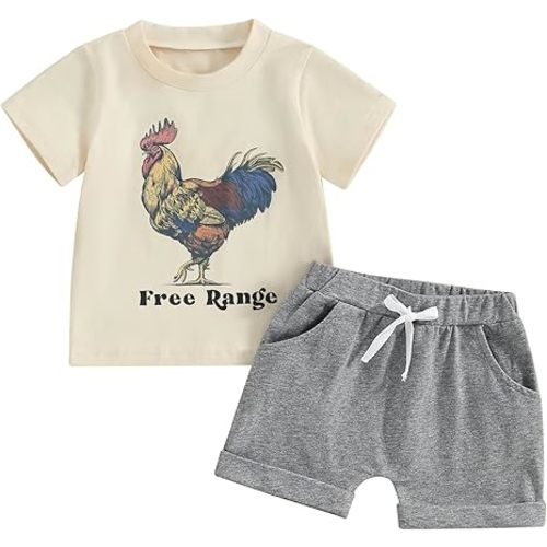 Infant Baby Boy Farm Clothes Western Cow/Animals Farm Themed Shirt Top Solid Short Pant 2Pcs Summer Short Outfits