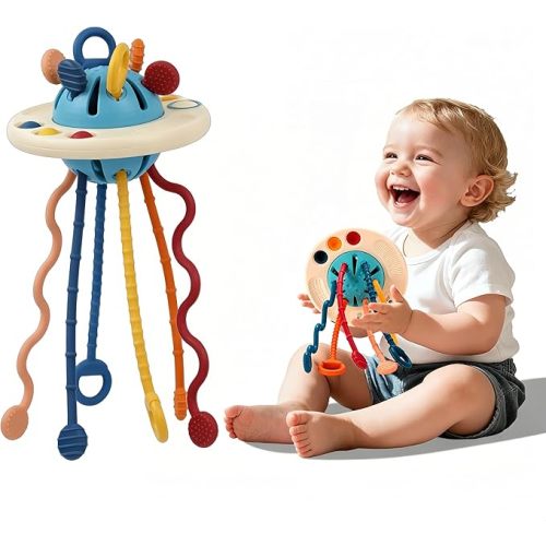 Baby Toy for 12M+, Montessori Sensory Toy Play Set for Toddlers, UFO Pull String Toy in Stollers Educational Toy for Development Fine Motor Skills Gift for Boys& Girls