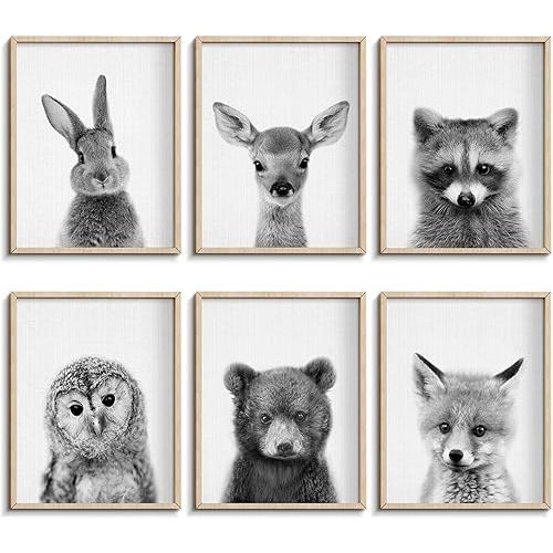 EPHANY Black and White Wall Art, Baby Animal Posters and Prints, Safari Bunny Prints, Nursery Bear Wall Art, Owl Print Wall Art Nordic Picture Kids Room Decoration (YMX017,8"x10"(20x25cm))