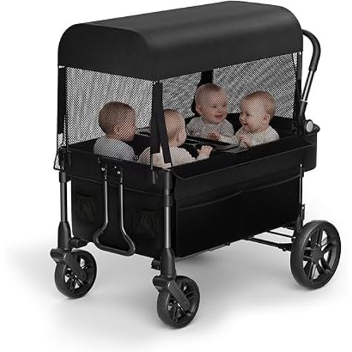 Fldofaves Wagon Stroller for Kids, 4-Seat Kid Wagon for Toddlers, Multi-Child Baby Wagon Stroller, Heavy-Duty Kids Wagon with Canopy, Large Foldable Toddler Stroller Wagon for Outdoor Travel