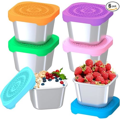 6Pack 6oz Stainless Steel Snack Containers for Kids, Leak Proof Small Food Storage Container with Silicone Lid, Easy Open Leak Proof Stainless Steel Food Storage Containers with Silicone Lids