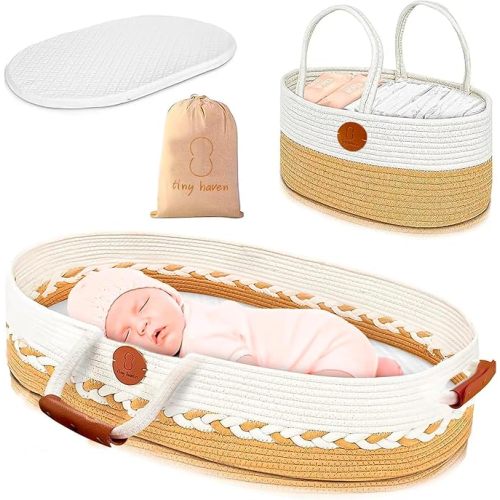 Baby Bassinet Moses Basket - Newborn Sleeping Bed with Carry Handles Woven Cotton Rope Portable Crib Includes Diaper Organizer Caddy Nursery & Travel Baby Essentials Beige White