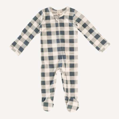 long sleeve two way zipper footie | slate blue gingham | bamboo – kate quinn