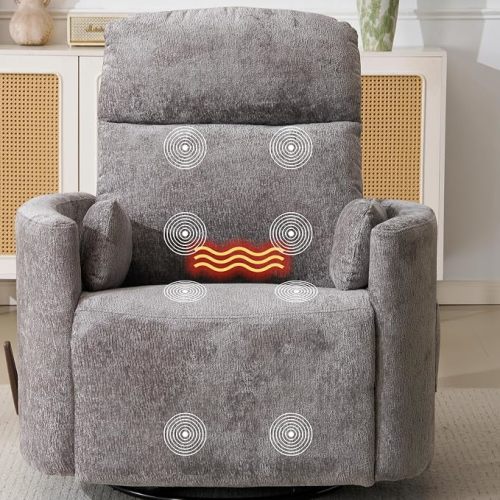 Oversized Swivel Rocker Recliner with Massage and Heat, Swivel Nursery Recliner With Adjustable Headrest, Manual Rocker Recliner Chair with Two Removable Pillows, High Back Barrel Armchair,Dark Grey