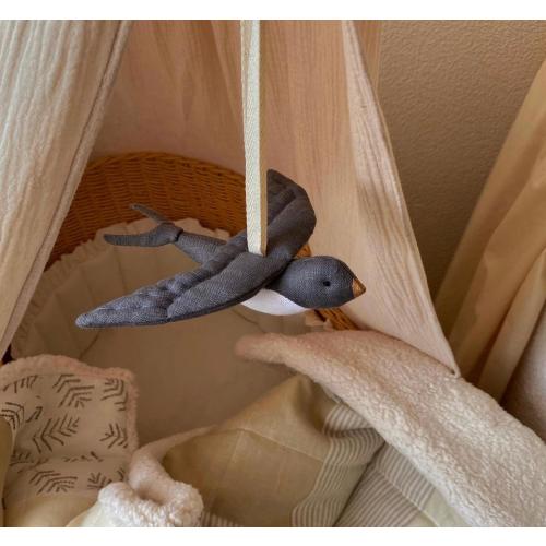 Wooden Baby rattle linen grey swallow bird | Wooden teether | Teething toy |Organic teether | decor for a children's room|