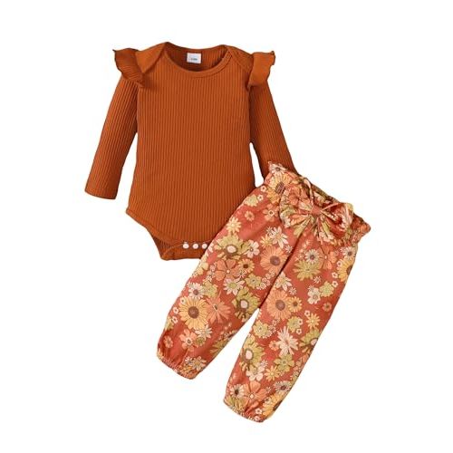 Jecson Newborn Baby Girl Clothes: Soft Cotton Infant Outfits Ruffles Sleeve Romper & Pants Set Cute Fall Home Outing 0-18M
