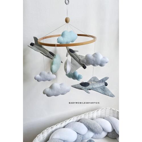 Jet Airplane Baby Mobile, Gray Nursery Decor for Crib