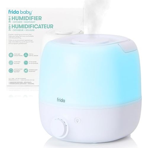 Frida Baby 3-in-1 Cool Mist Humidifier for Large Rooms, Top Fill Humidifier for Bedroom, 60 Hour Runtime + Diffuser, Nightlight, Auto Shut-Off, Quiet, Carry Handle, Nightlight, Essential Oil Diffuser