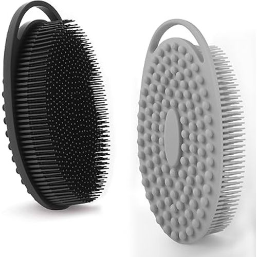 2 Pack Silicone Body Scrubber for Shower - Soft & Gentle Loofah Alternative for Sensitive Skin, Quick-Drying & Hygienic Body Wash Scrubber Brush for Men, Women & Kids (Black & Gray)