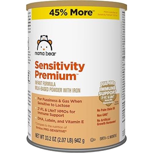 Amazon Brand - Mama Bear Sensitivity Premium Infant Formula Powder with Iron, Dual HMOs for Immune Support, Non-GMO, for Fussiness and Gas from Lactose Sensitivity, 33.2 Ounce (Pack of 1)