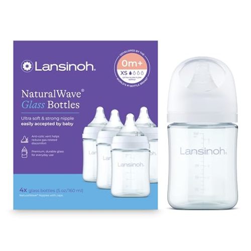 Lansinoh Anti-Colic Glass Baby Bottles, 5 Ounces, 4 Count, Includes 4 Extra Slow Flow Nipples (Size XS, Newborn), Baby Essentials
