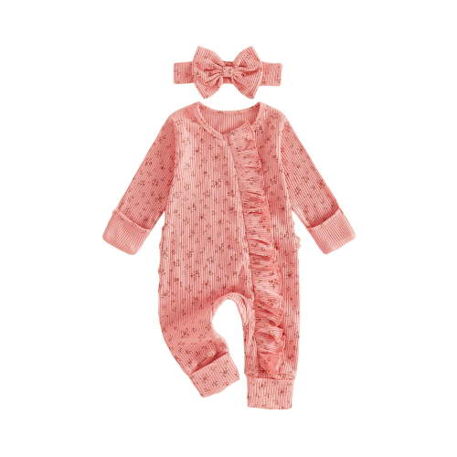 BemeyourBBs Preemie Baby Girl Spring Summer Fall Winter Clothes Baby Girl Newborn Hospital Going Home Outfit Ruffled Ribbed Romper Long Sleeve Floral Zipper Jumpsuit with Bowknot Headband
