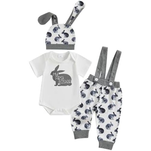 HYADRBLEBY Baby Boy Valentines Day Outfit Heart Long Sleeve Romper+Suspender Pants+Hat 3Pcs Newborn First Valentines Outfit