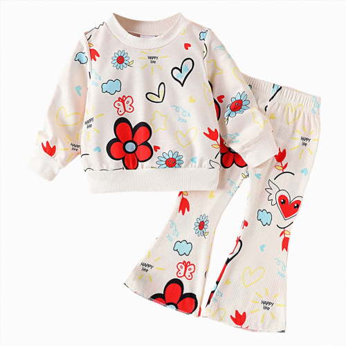 HCNTES Toddler Girls Clothes 12 18 24 Months 2T 3T Fall Winter Outfits Baby Kids Girls Long Sleeve Ribbed Flower Print Sweatshirt Tops Bell Bottom Pants Set