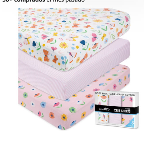 GROW WILD Sábanas bajeras para cuna de mariposas y flores para niña (paquete de 3) - Sábana bajera ajustable de algodón de jersey suave, colchón para cama infantil y juego de ropa de cama para cuna de