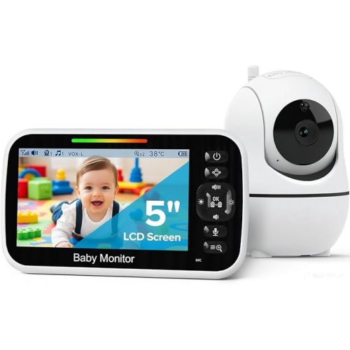 GoodBaby 5" Baby Monitor with Camera and Audio, No WiFi Secure Camera, 30-Hour Battery, Remote PTZ, Auto Night Vision, Room Temperature, Two-Way Audio，Lullabies，960 ft Range