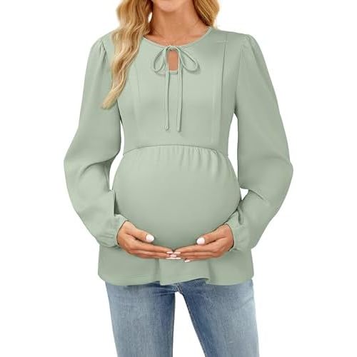 OUGES Womens Tie Front Maternity Nursing Tops Puff Sleeve Keyhole Hidden Zipper Shirts Fall Business Casual Blouse 2025