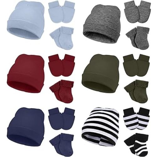 Toulite 6 Pack Preemie Newborn Hats Mittens and Socks Set Cotton Beanie Hats Socks and No Scratch Mittens