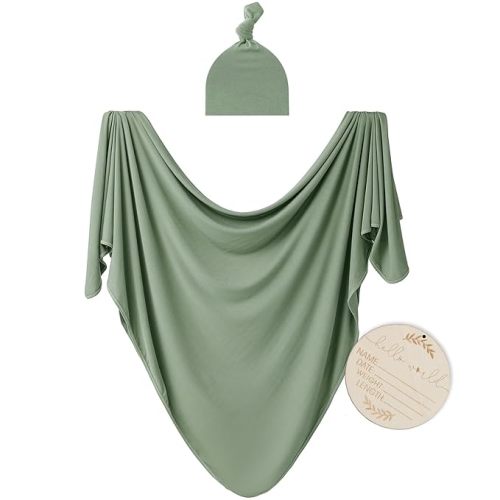 Large Jersey Knitted Swaddle Blanket for Baby, Soft Stretchy Receiving Blanket for Newborns with Hat, Baby Nursery Swaddle 47 x 47 inches(Sage)