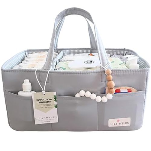 Lily Miles Diaper Caddy Organizer with 8 Pockets, Wipeable Baby Caddy Basket for Diapers and Wipes, Baby Registry Favorites, Nursery Tote Bag for Changing Table or Car (Heather Grey, Large)